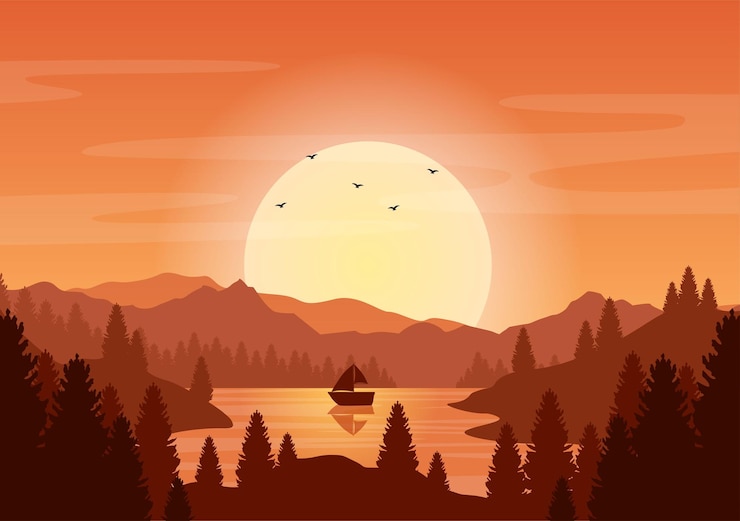 Vector zonsonderganglandschap van bergen, heuvels, wildernis, zand, meer en vallei in vlakke wilde natuur voor poster, spandoek of achtergrondillustratie