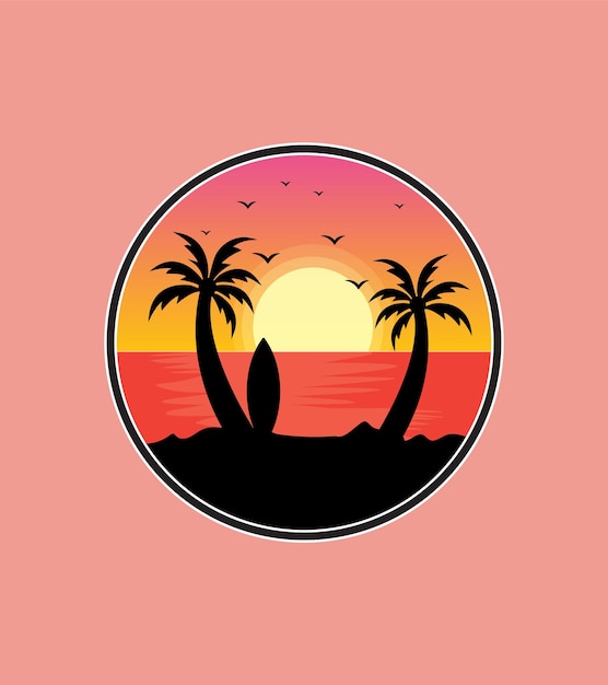 Zonsondergangmening van een strandbranding en twee kokospalmen in silhouetstijl