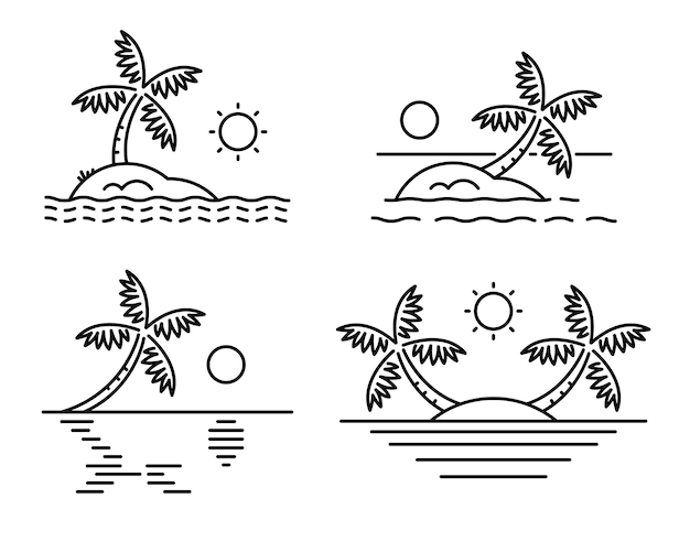 Zonsondergangsymbool eiland schilderen met kokospalmen eenvoudig ontwerp