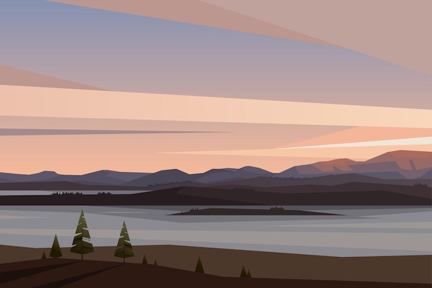 Vector zonsopgang in de bergen vector landschap in vlakke stijl noordelijke natuur ochtend uitzicht op het meer buiten