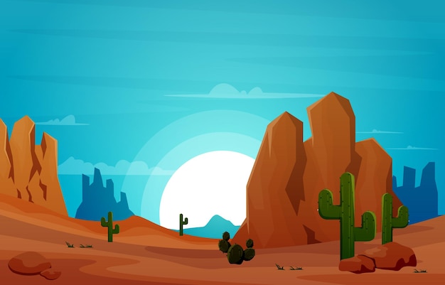 Vector zonsopgang klif woestijn land cactus reizen vector platte ontwerp illustratie