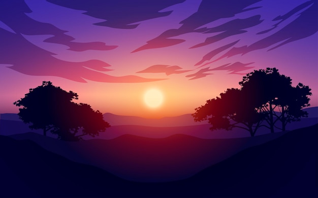 Zonsopgang of zonsondergang boven bergen met boomsilhouetten Boslandschap in de bergen