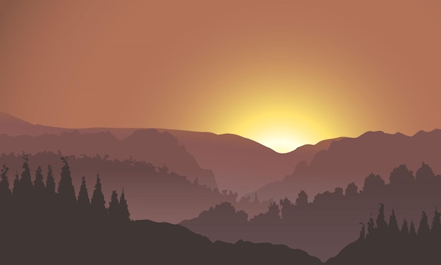 Zonsopgang of zonsondergang in de bergen in vectorillustratie