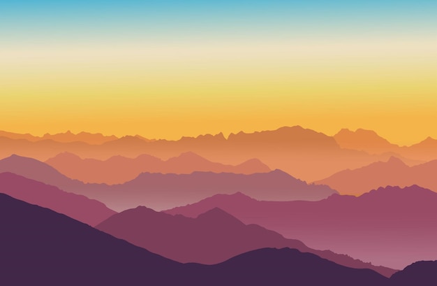 Vector zonsopgang of zonsondergang in de bergen in vectorillustratie