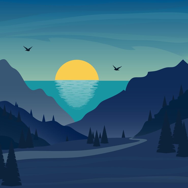 Vector zonsopgang onder de zee in bergen bomen en weg