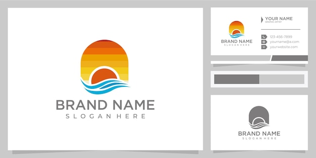 Zonsopgang strand logo ontwerp inspiratie met visitekaartje