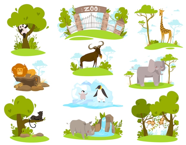 Vector zoo animals cartoon characters, set of isolated stickers  illustration