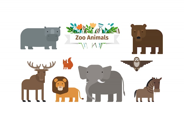 Zoo animals flat icons set