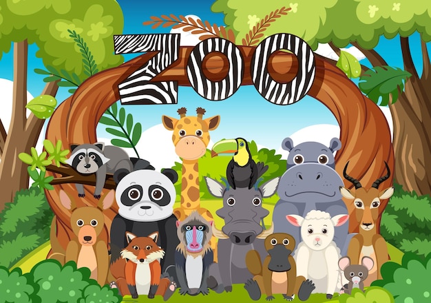 Gruppo di animali dello zoo in stile cartone animato piatto