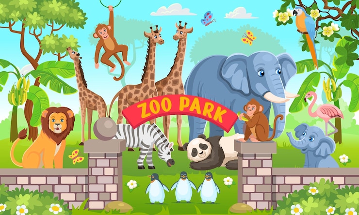 Vector 動物園の動物は、漫画でパンダキリン象シマウマペンギンサルオウムオウムフラミンゴを設定します