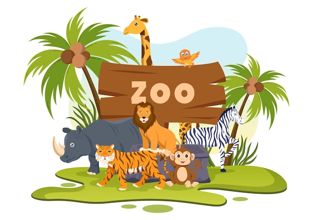 森の背景にサファリ動物と動物園漫画イラスト