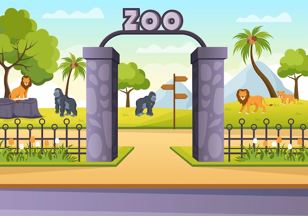 Vettore illustrazione del fumetto dello zoo con gli animali di safari sui cenni storici della foresta