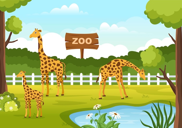 Vector zoo cartoon illustration with safari animals on forest background