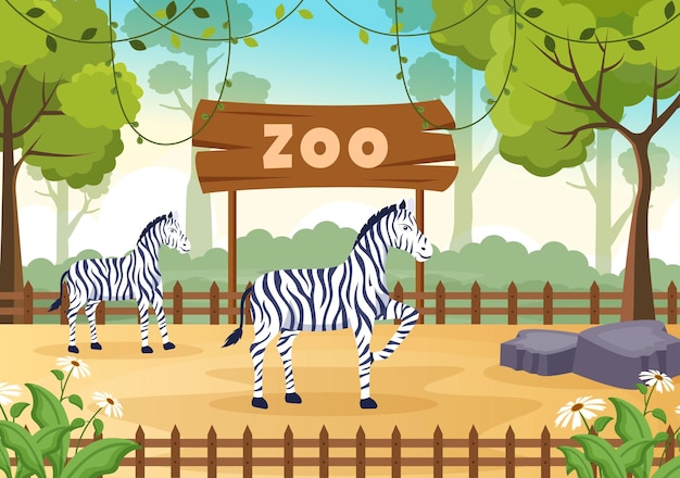 Zoo cartoon illustration with safari animals on forest background