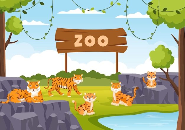 Zoo cartoon illustration with safari animals on forest background