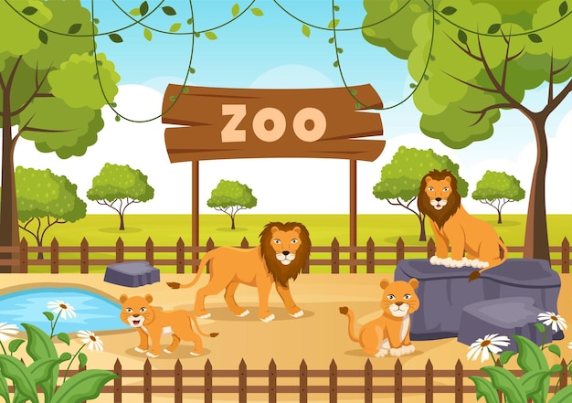 Zoo cartoon illustration with safari animals on forest background