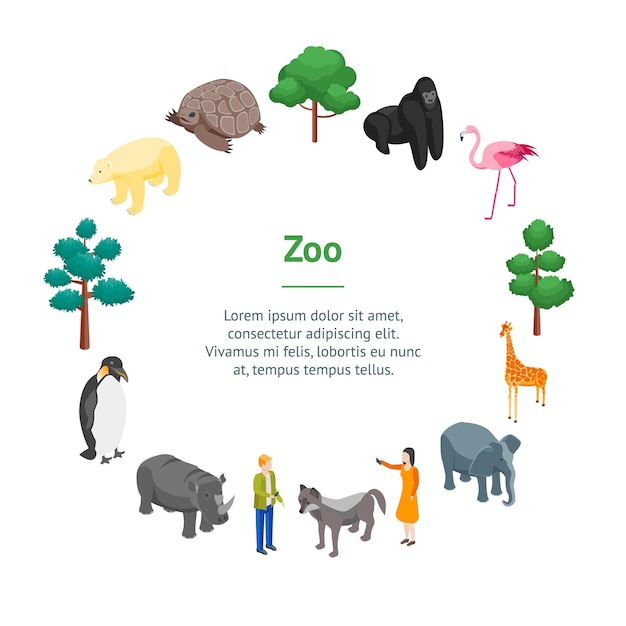 Vector zoo concept banner card circle 3d isometrische weergave animal wildlife nature park op een blauwe achtergrond vector illustratie van zoological garden