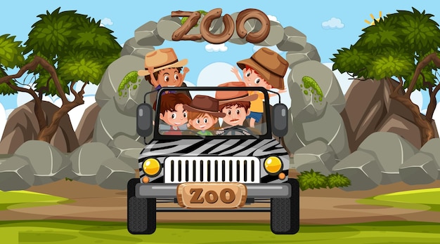 Vector zoo at day time scene with many kids in a jeep car