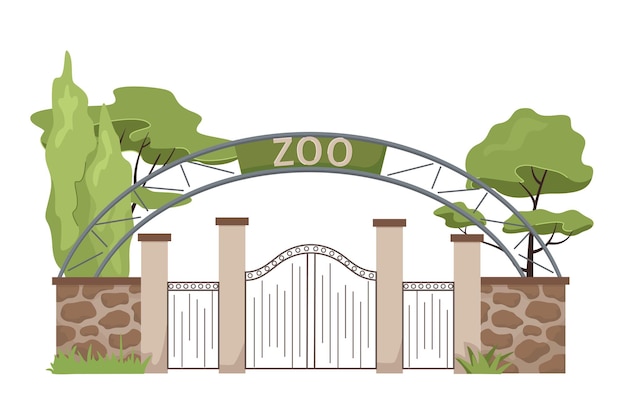 Premium Vector | Zoo entrance Cartoon zoological garden outdoor wild  animals park with metal fencing and stone pillar