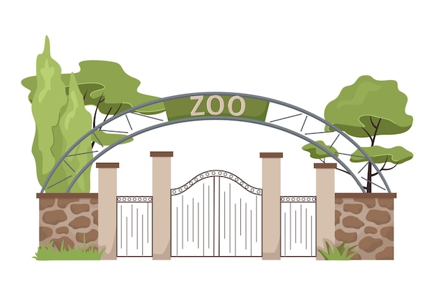 Zoo entrance Cartoon zoological garden outdoor wild animals park with metal fencing and stone pillar