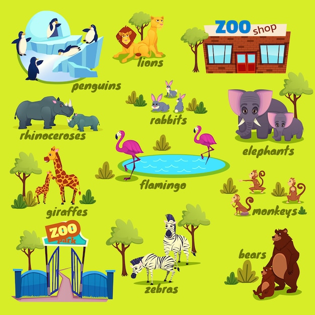 Zoo park map, natuurelementen met grappige dieren