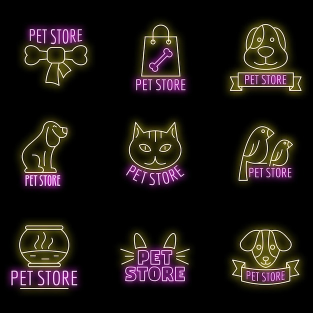 Vector zoo pet shop logo set outline set of zoo pet shop vector logo neon color on black