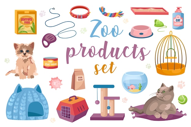 Zoo products set with isolated elements in flat cartoon design