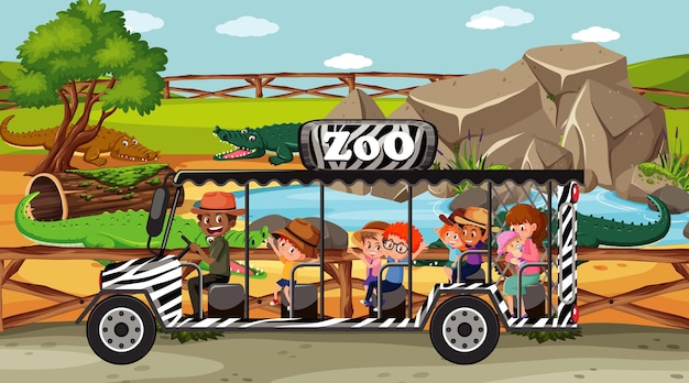 Scena dello zoo con bambini nell'auto turistica