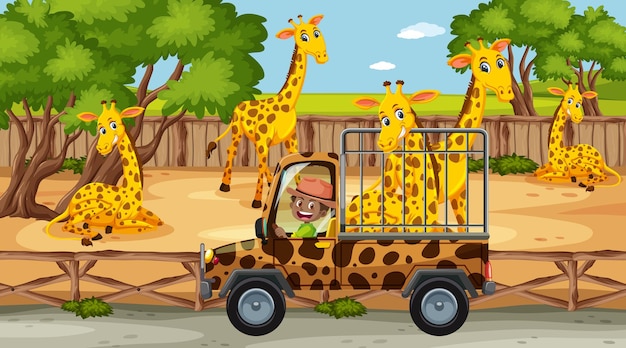 Zoo scene with happy giraffe in the cage car