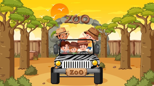 Vector zoo at sunset time with many kids in a jeep car