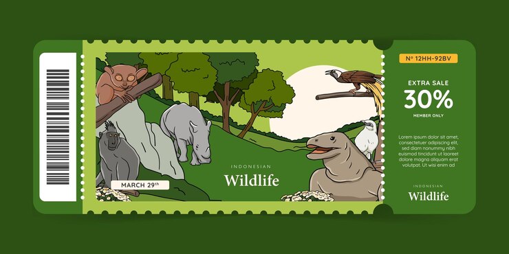 Vector zoo ticket design with indonesian fauna hand drawn illustration