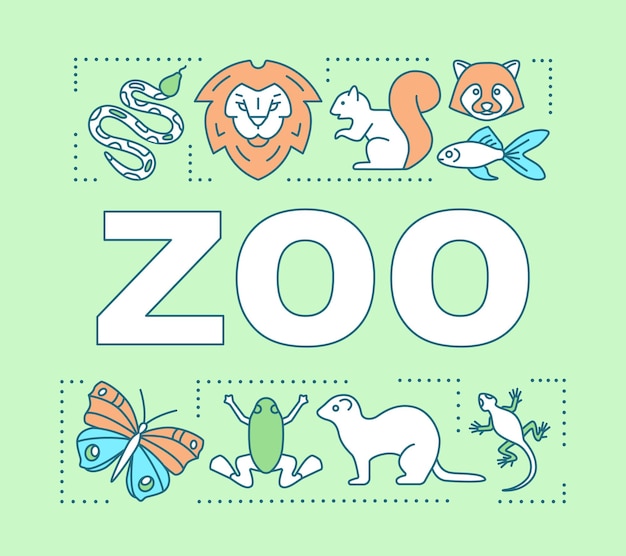 Zoo word concepts banner. family time together. animal park. menagerie with wild animals. presentation, website. isolated lettering typography idea with linear icons. vector outline illustration