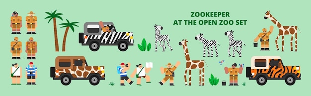 Vettore zookeeper presso lo zoo aperto set flat design character illustration