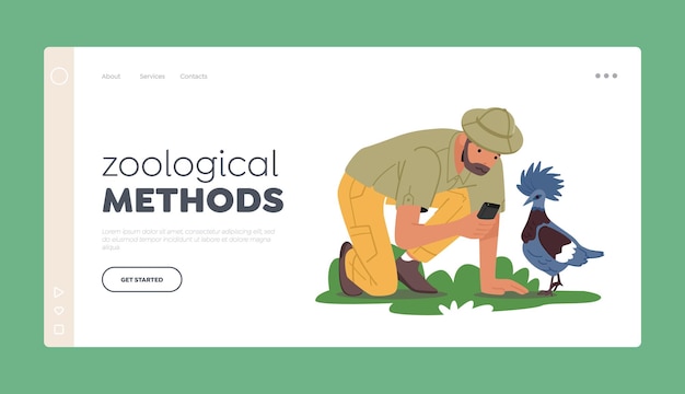 Zoological Methods Landing Page Template Birdwatcher Male Character Watching Learning and Photographing Birds