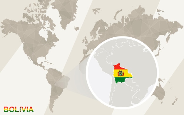 Vector zoom on bolivia map and flag. world map.