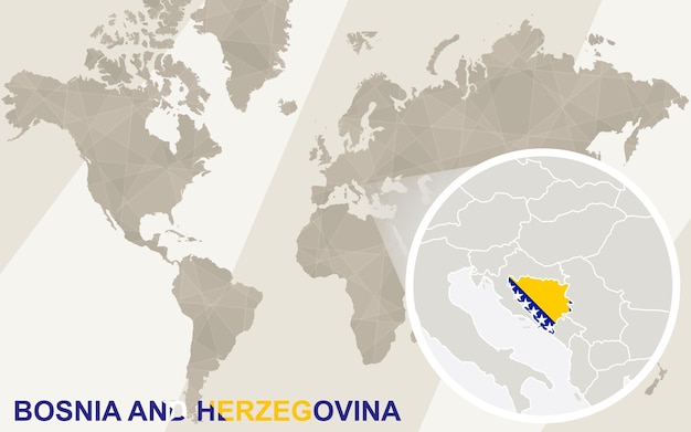 Ingrandisci la mappa e la bandiera della bosnia ed erzegovina. mappa del mondo.