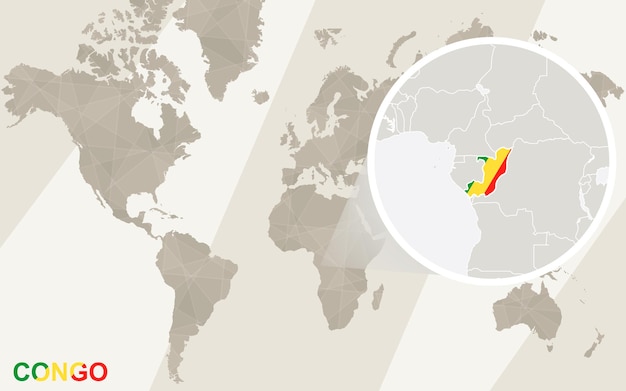 コンゴの地図と旗を拡大表示します。世界地図。