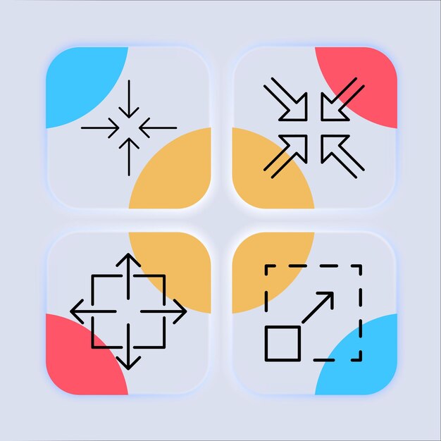 ズームインとズームアウトの矢印セット アイコン ナビゲーション ボタンを最大化最小化スケール プレーヤー ビューアー アングル テクノロジー