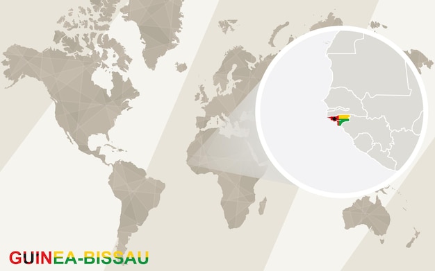 Zoom in op de kaart en vlag van guinee-bissau. wereldkaart.