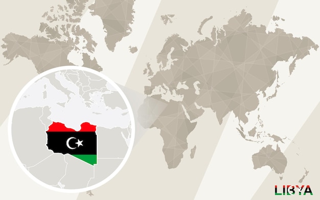 리비아 지도 및 깃발을 확대합니다. 세계지도.