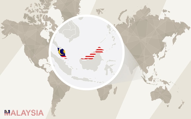 Zoom on malaysia map and flag. world map.