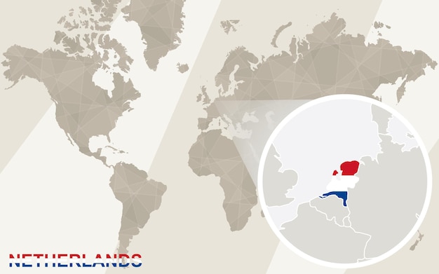 Увеличьте карту Нидерландов и флаг. Карта мира.