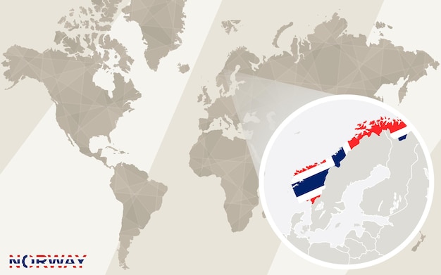 Ingrandisci la mappa e la bandiera della norvegia. mappa del mondo.