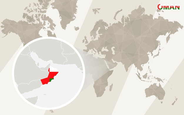 Zoom on Oman Map and Flag. World Map.