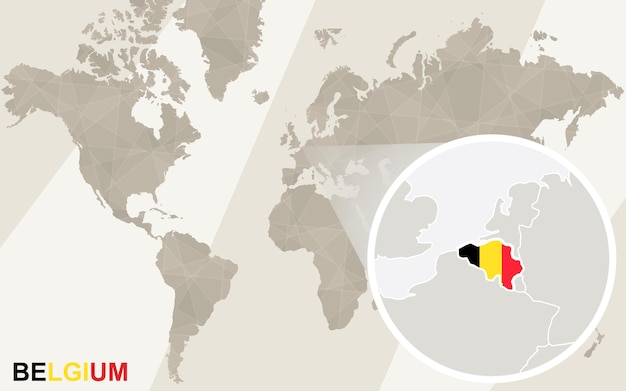 ベルギーの地図と旗を拡大表示します。世界地図。