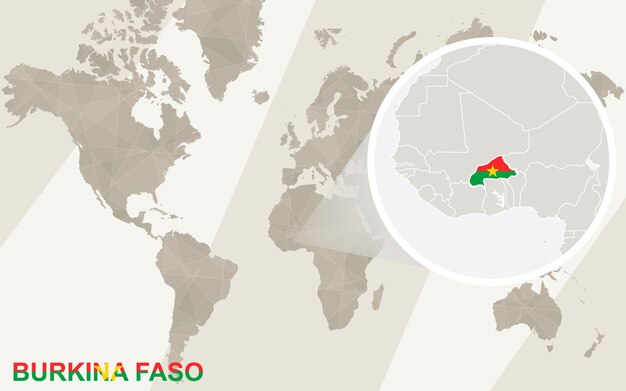 ブルキナファソの地図と旗を拡大表示します。世界地図。