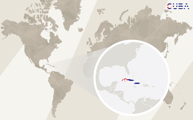 キューバの地図と旗を拡大表示します。世界地図。