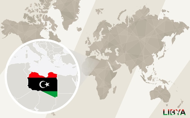 リビアの地図と旗を拡大表示します。世界地図。