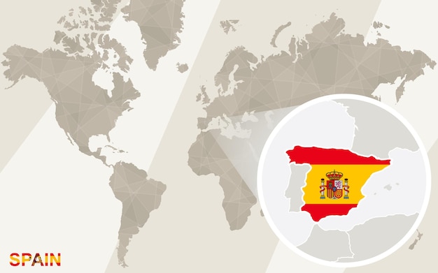 スペインの地図と旗を拡大表示します。世界地図。