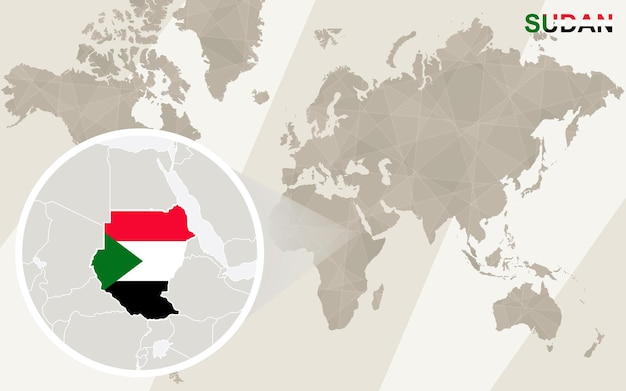 スーダンの地図と旗を拡大表示します。世界地図。